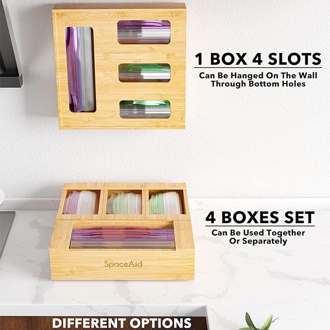 SpaceAid Bag Storage Organizer for Kitchen Drawer, Bamboo Organizer, Compatible with Gallon, Quart, Sandwich and Snack Variety Size Bag (1 Box 4 Slots)