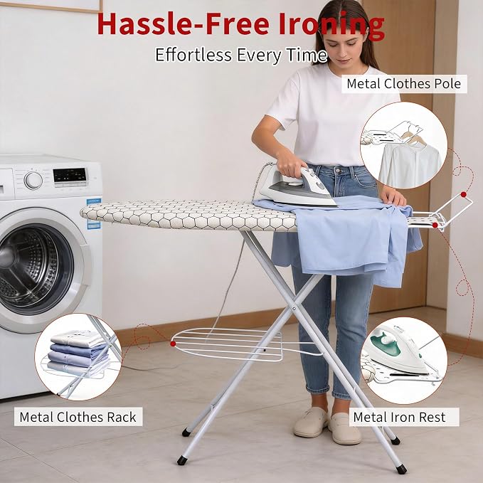 Ironing Board, 43"×13" with Iron Rest, Clothes Shelf & 7 Adjustable Height | Iron Board with Bulit-in Hook and Hanger Bar, 4 Layer Heat Resistant Cover and Pad for Home Apartment Laundry, Hexagon White