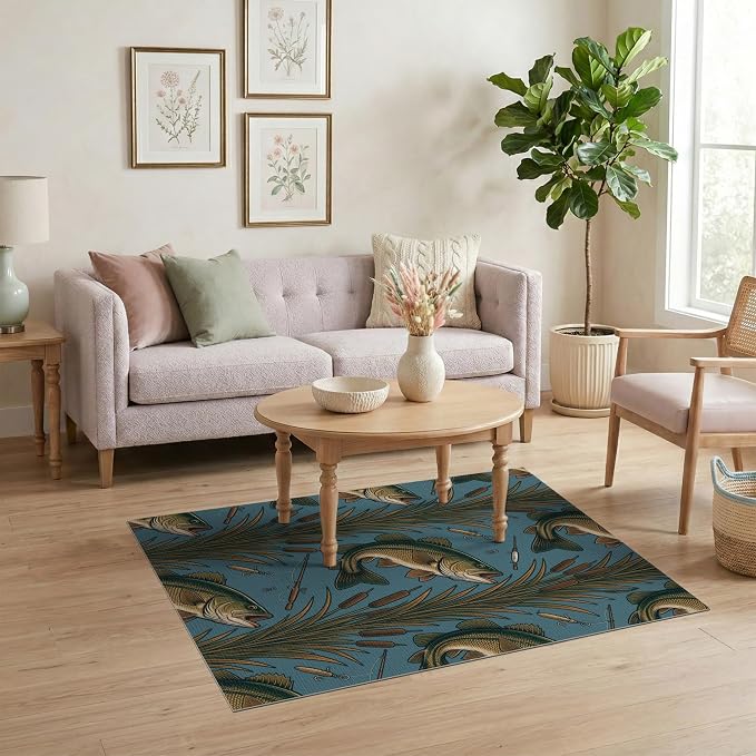 4'x6' Washable Area Rug Bass Lake Lure Tackle Reeds Border Motif Angler Fish Fishing Refined Structured Stain Resistant Low Profile for Dorm Room, Small Living Apartment