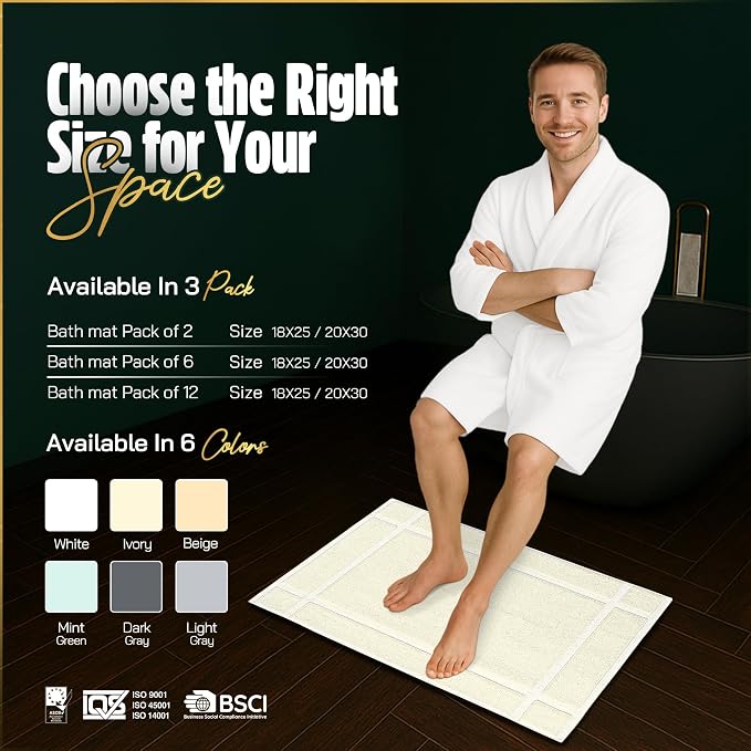 Pearl Linens Pack of 6 100% Cotton Bath Mat 18x25 inches, Soft & Absorbent Quick Dry Bathroom Mat Set, Not Bathroom Rugs, After Shower Mat, Bath Tub Mat, 781 GSM, Machine Washable, Ivory