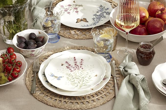 Lenox Butterfly Meadow Herbs Porcelain 12-Piece Dinnerware Set for 4 | ceramic, dishwasher safe, microwave safe | plates and bowls sets for kitchen and dining, dish set, dishes