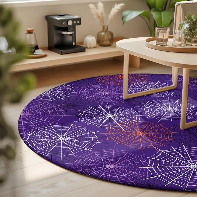Round Area Rug 6', Purple Halloween Washable Area Rugs for Living Room Kitchen Bedroom Nursery Dining Room, Red Black White Net Halloween Non Slip Door Mat Indoor Floor Throw Circle Carpet