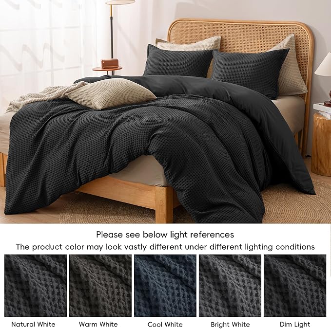 PHF Waffle Duvet Cover Set Twin XL Size, Back to School College Dorm Bedding, Ultra Soft Breathable Comforter Cover for All Season, Dorm Room Essentials Set with 1 Pillow Sham,68" x 90", Black