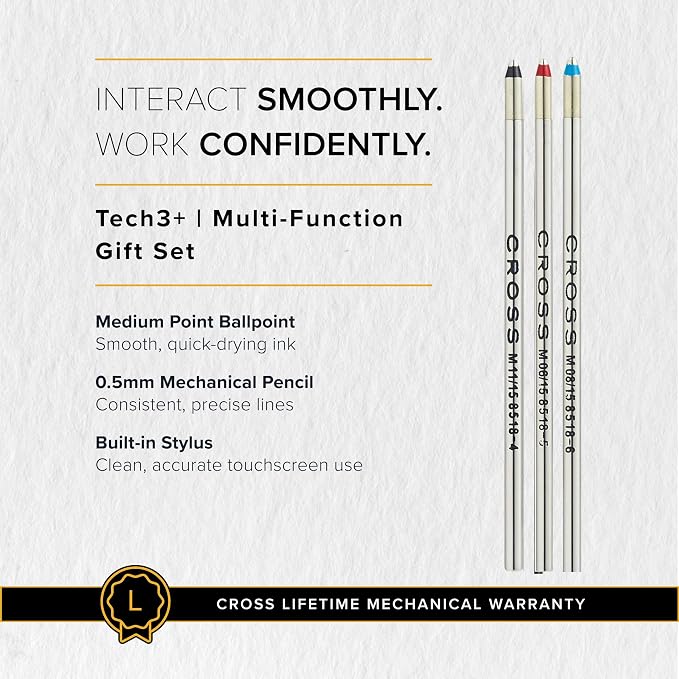 Cross Tech3+ Refillable Multi-Function Ballpoint Pen with Stylus, Medium Ballpen and Pencil, Includes Premium Gift Box - Brushed Black