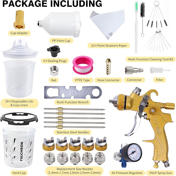 HVLP Paint Gun with 10 Disposable 600ML Paint Cups & 5 Nozzles | 1.4/1.7/2.0/2.5/3.0mm Nozzles Gravity Feed Spray Gun & Disposable Paint Cups for Automotive, Car Painting, Primer (Gold)