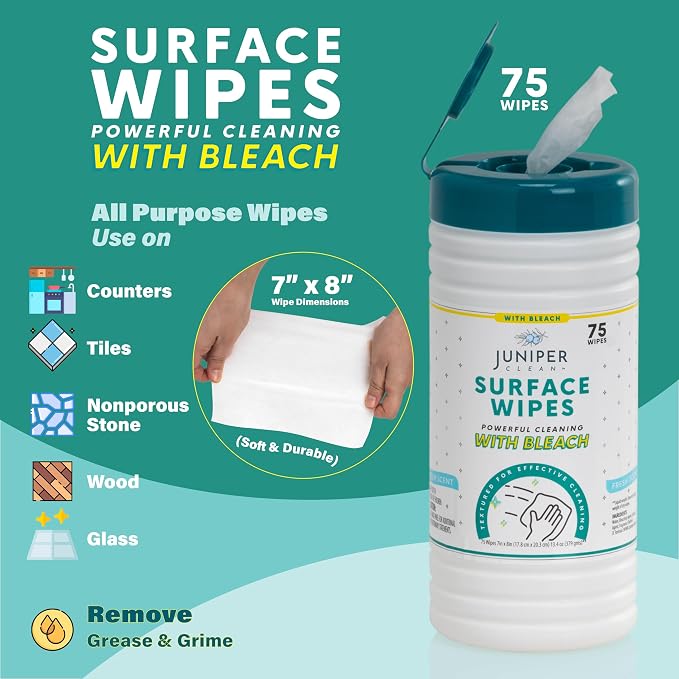 Juniper CLEAN 4 Pack Surface Cleaning Wipes with Bleach, All-Purpose Cleaner for Bathroom, Kitchen, Office, 300 Count Canister, 7.5" x 7" Sheet, Fresh Scent, Lint Free & Durable
