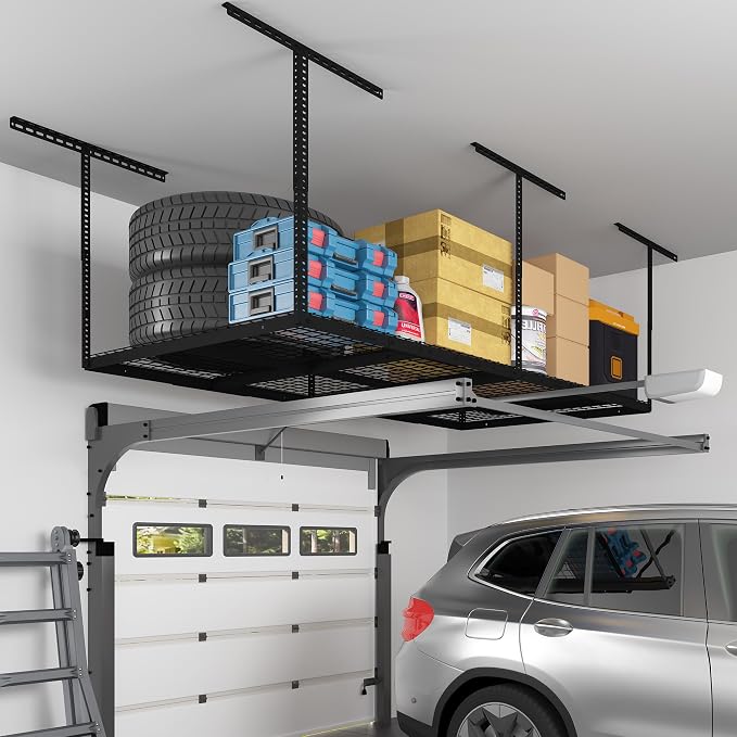 FLEXIMOUNTS 4x8 Overhead Garage Ceiling Storage Rack Organization, Black | 750lbs Weight Capacity, 22"-40" Adjustable Organization System, Heavy-Duty Metal Ceiling Racks, Classic Series
