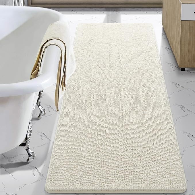 LOCHAS Luxury Bathroom Rug Shaggy Bath Mat 24 x 60 Inch, Cream White | Washable Non Slip Bath Rugs for Bathroom Shower, Soft Plush Chenille Absorbent Carpets
