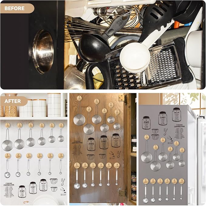 Measuring Cup and Spoon Organizer, 24 Pack Adhesive Wood Hooks for Hanging with 12 Kitchen Conversion Chart Stickers, Kitchen Hooks for Space Saving Storage