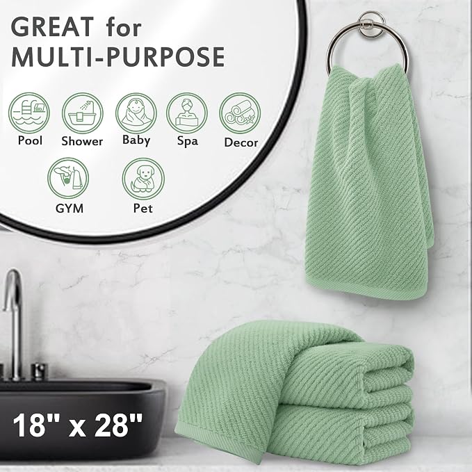 VOOVA & MOVAS Hand Towels 4PC, 100% Cotton, 18x28 in, Sage Green | Thick, Quick Dry, Soft, Absorbent, Bathroom Essentials, Suitable For Shower, Gym, Daily Household
