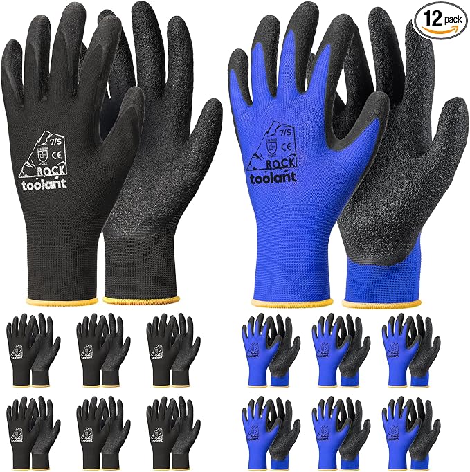 toolant Crinkle Latex Work Gloves Bulk, Rubber Coated Safety Work Gloves for Men and Women, 12 Pairs for Construction, Gardening, Warehouse (Black & Blue, Small)