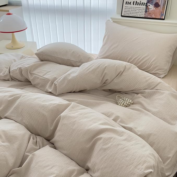 mixinni Tan Striped Duvet Cover Twin Size - 100% Washed Cotton Beige Pinstripe Comforter Cover with Zipper Closure, Lightweight & Breathable, 3 Pieces Minimalist Stripes Pattern Printed Bedding Set