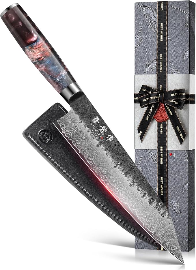 8.27'' Japanese Damascus Kiritsuke Knife, VG10 Steel Forged | Kurouchi Forged Finish, Damascus Stainless Steel Cladding, Flat Edge Push Cuts, Leather Sheath Included, Premium Gift Box