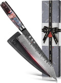 8.27'' Japanese Damascus Kiritsuke Knife, VG10 Steel Forged | Kurouchi Forged Finish, Damascus Stainless Steel Cladding, Flat Edge Push Cuts, Leather Sheath Included, Premium Gift Box