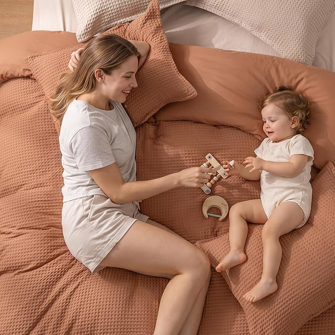 PHF Waffle Duvet Cover Set Twin XL Size, Back to School College Dorm Bedding, Ultra Soft Breathable Comforter Cover for All Season, Dorm Room Essentials Set with 1 Pillow Sham,68" x 90", Terra Cotta