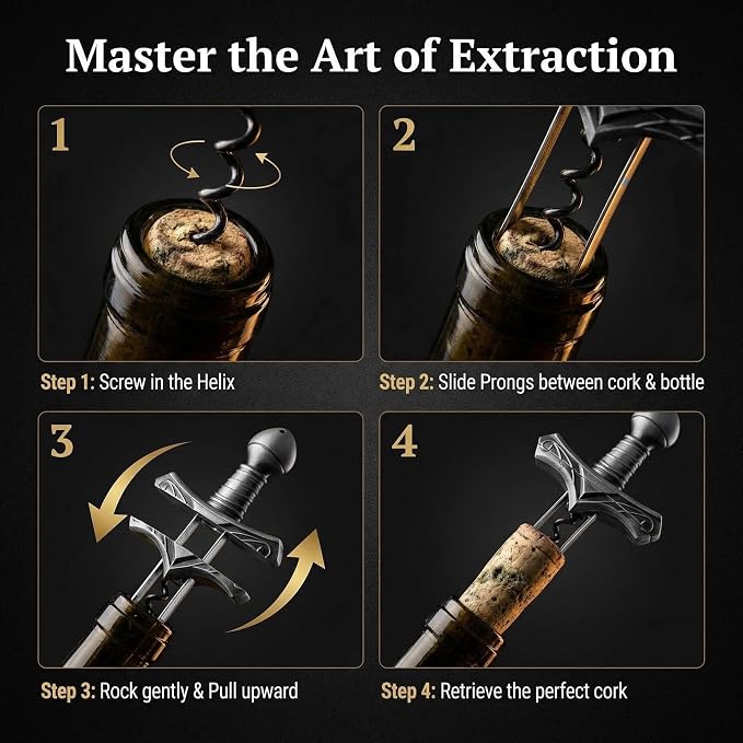 Ah So Wine Opener, Excalibur Sword Wine Corkscrew with Display Base, Premium Zinc Alloy Vintage Bronze Corkscrew for Fragile Corks, Unique Wine Gifts for Man, Collectors & Luxury Bar Decor (Silver)