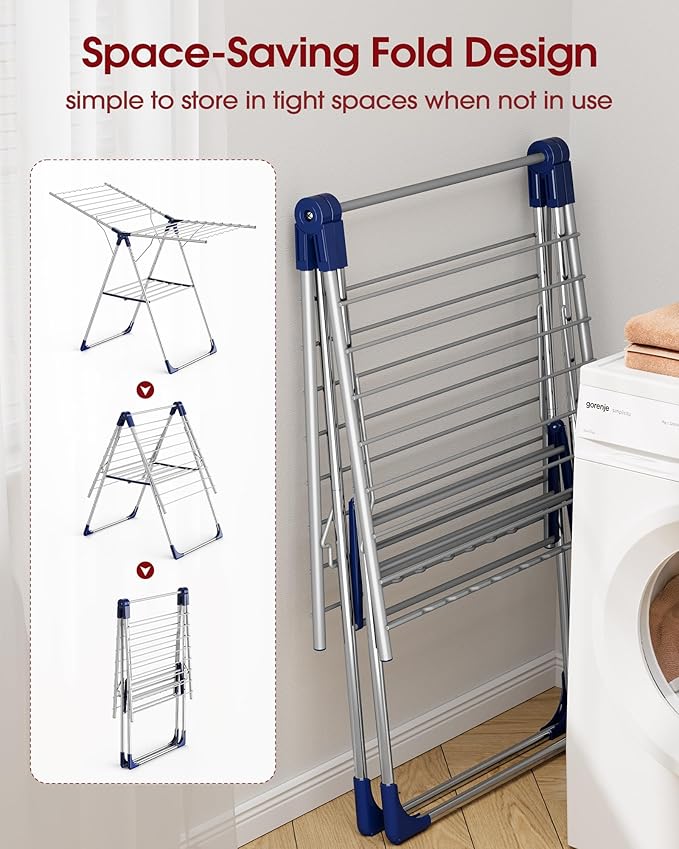 Sakugi Clothes Drying Rack with Height-Adjustable Wings, Metal Foldable Laundry Dryer Stand for Clothing & Bedding, Free-Standing Collapsible for Indoor & Outdoor Use, 55.5" L × 22.8" W, Silver Blue