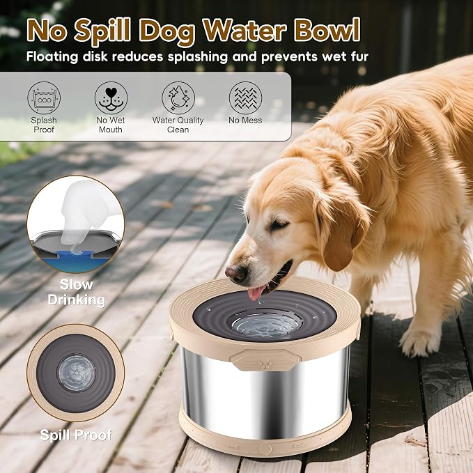 UPSKY 12L Dog Water Bowl No Spill Stainless Steel for Slow Drinking Beige | Large Capacity, Spill-proof, Non-slip Design, Durable, For Large Dogs, Messy Drinkers & Multi-pet Homes, Outdoor / Indoor