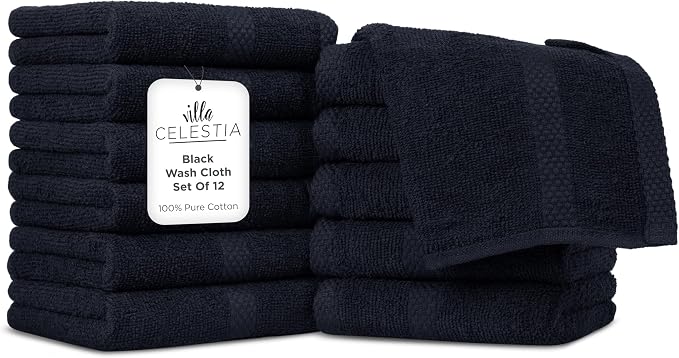 Villa Celestia 100% Cotton Wash Cloth for face & Body Set of 12, (12 x 12 inches) Sustainable, Soft, Highly Absorbent, Combed Cotton Wash Cloths Pack of 12 for Hotels, Spa, Bathroom, Dorm, Black