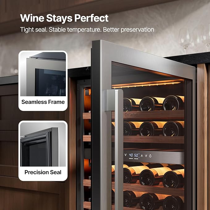Ca'Lefort 24-Inch Wine Fridge, 52-Bottle Dual Zone Wine Cooler, 40–65°F Digital Temp Control, 3-color LED Adjustable Shelf, Under Counter, Built-in or Freestanding for Home Bar Kitchen(5.7 cu.ft)