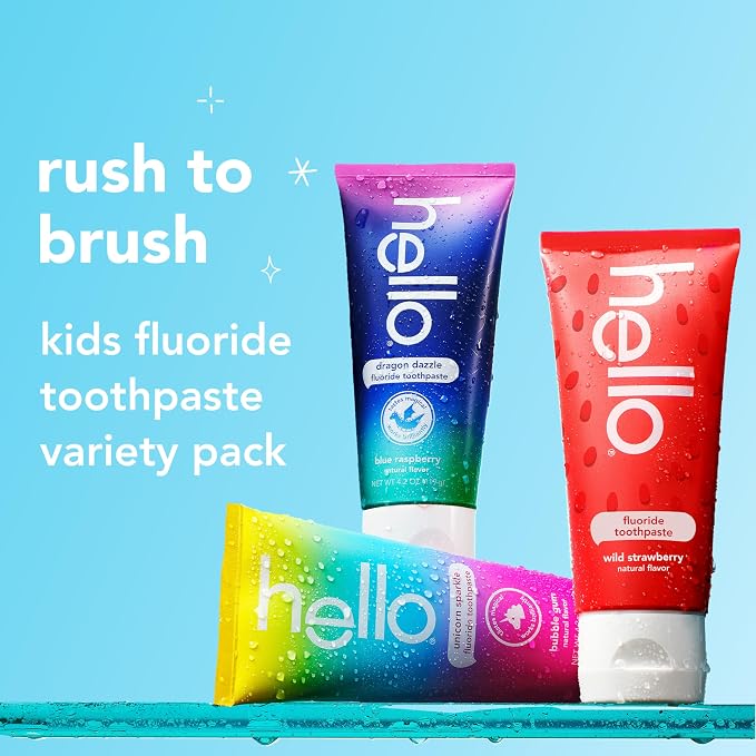 hello Kids Fluoride Toothpaste Variety Pack, 3 Pack, 4.2 oz | Bubble Gum, Strawberry, and Blue Raspberry Flavors, Safe for Kids Ages 2 and Up, Prevents Cavities, Polishes, and Brightens