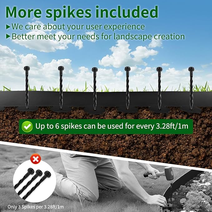 AggFencer Landscape Edging 4in Tall Garden Edging Borders No Dig 33ft | Flexible Landscaping Edging Kit for Flower Bed Lawn Yard Grass Black with 61 Pcs Spikes