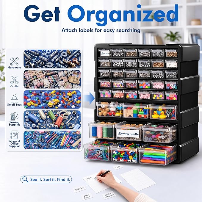 Drawer Organizer for Garage Building Bricks Storage,Thicker Craft Organizers Storage with Dividers Labels for Hardware,Screws,Nuts Bolts,Teacher Toolbox,Charms,Beads,Craft,Scrapbook