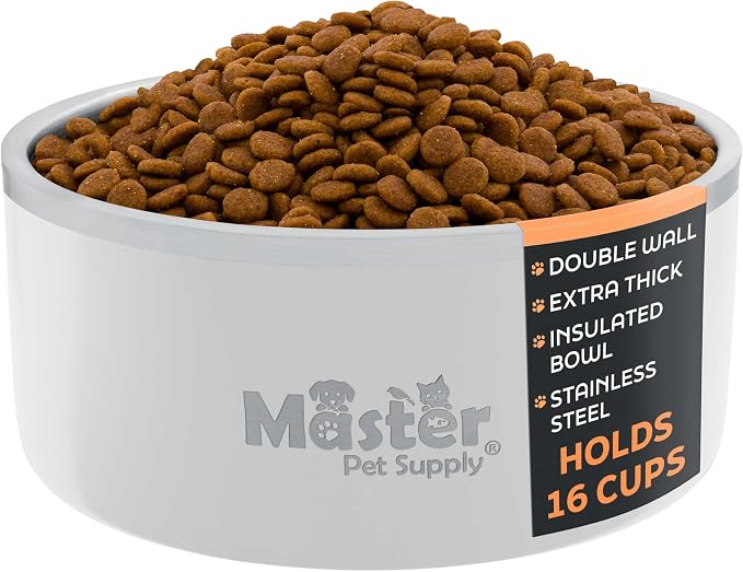 Master Pet Supply Stainless Steel Dog Bowls - 128 oz, Heavy Duty - Bone White, Double Wall Extra-Thick Insulated, Non-Slip Pet Water Bowl for Dogs, Cats & Pets, Anti Rust Metal, Dish Washer Safe