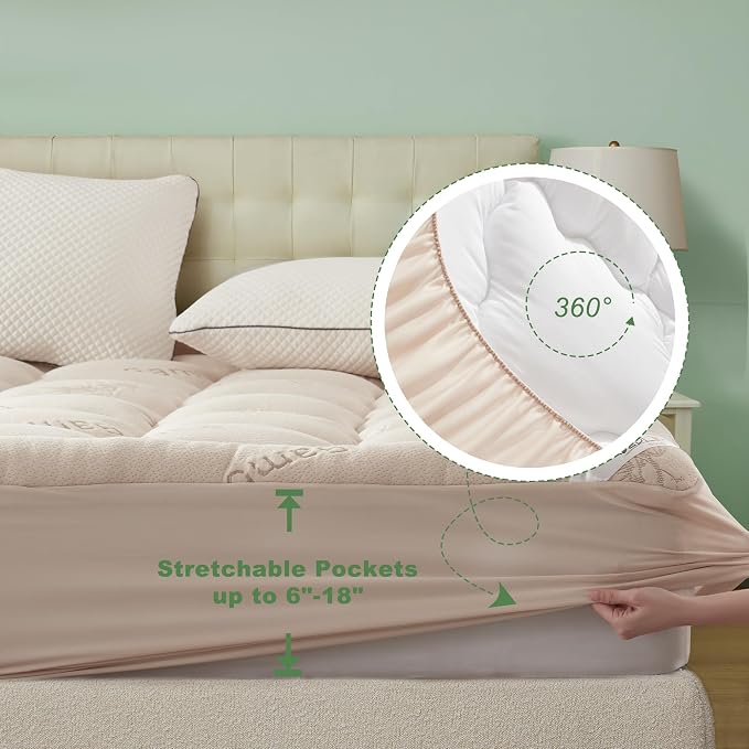 BEDLORE Queen Mattress Topper Viscose Derived from Bamboo, Thick Pillow Top Mattress Pad with Stretchable Pockets for 6-18 inches Mattress, Soft Mattress Topper for Back Pain Relief(Beige)