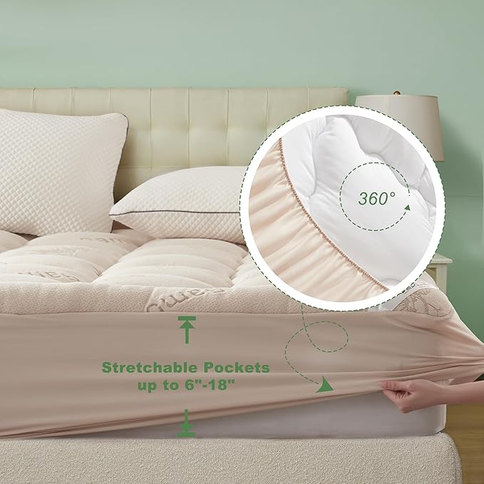 BEDLORE King Mattress Topper Viscose Derived from Bamboo, Thick Pillow Top Mattress Pad with Stretchable Pockets for 6"-18" Mattress, Soft Breathable Mattress Topper for Back Pain Relief(Beige)
