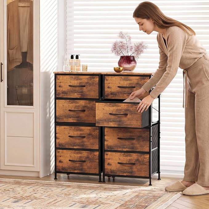 WLIVE Small Dresser Nightstand for Bedroom, 4 Drawers, Rustic Brown | 4 vertical fabric drawers, Space-saving tower, Bedroom or closet use, Chest of drawers, Dresser for small spaces