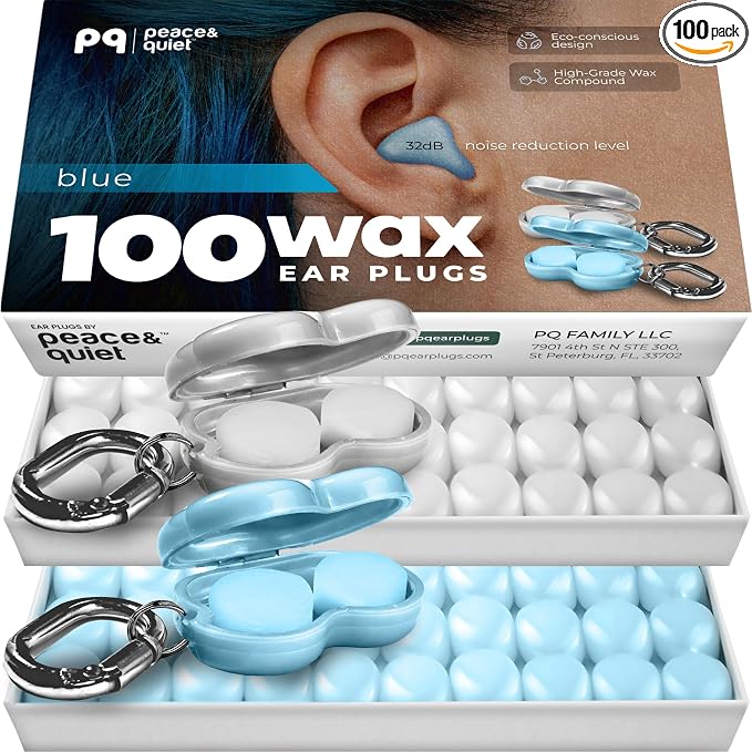 Peace&Quiet | PQ 100 Wax Ear Plugs for Sleeping - Silicone Wax Earplugs for Sleeping and Swimming, Gel Ear Plugs for Noise Cancelling, Sleeping Earplugs, Sound Blocking 32 Db (100 Pillows), White Blue