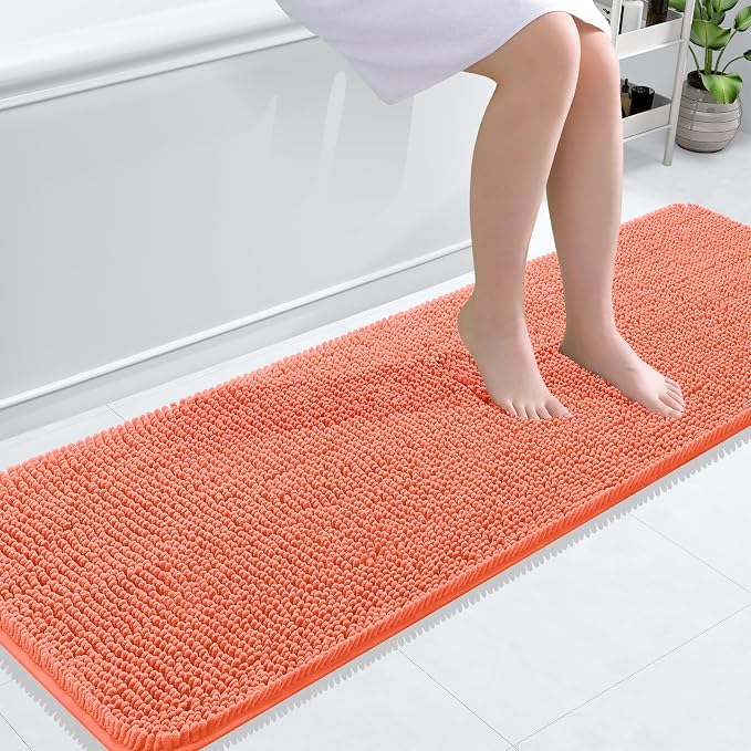OLANLY Bathroom Runner Rugs 59x20, Extra Soft Absorbent Chenille Bath Rugs, Rubber Backing Quick Dry, Machine Washable Long Bath Mats for Bathroom Floor, Tub and Shower, Home Decor Accessories, Coral