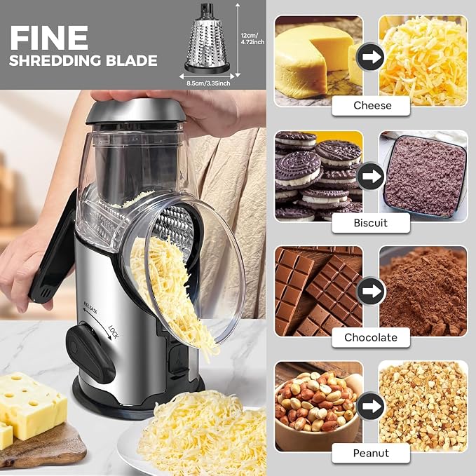 Airpro Rotary Cheese Grater with Handle - Vegetable Shredder with 3 Stainless Steel Blades & Strong Suction Base,Round Mandoline Slicer & Food Chopper for Kitchen