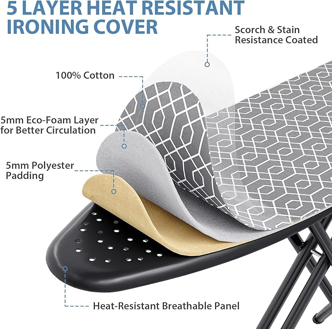 KINGBOARD Foldable Ironing Board Full Size, Iron and Ironing Board Set Standard Size, Iron Boards with Ironrest & Adjustable Height,Heavy Duty Iron Table Stand with Metal Legs &Thick Cover,43x13 Gray | Foldable, Height Adjustable, Iron Rest, Extra Thic...