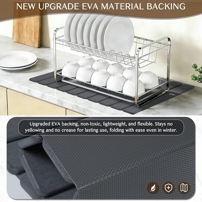 Large Stone Dish Drying Mat for Kitchen Counter, Thin & Light Quick Dry Stone Bath Mat, Foldable Water Absorbing Diatomite Drying Pad for Kitchen Bathroom Sink Countertop (Pure Gray 24"×16" & 8"x4")
