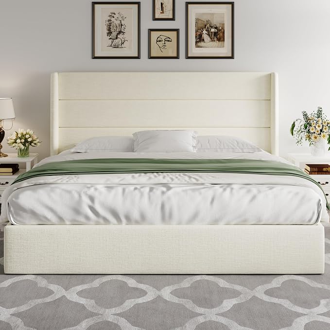 Allewie King Size Chenille Lift Up Hydraulic Storage Bed Frame Cream White | Chenille Fabric Upholstered, Modern Wingback Headboard, Hydraulic Support Storage, No Box Spring Needed