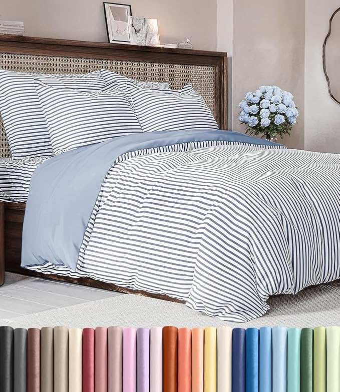 Duvet Cover Cal King Size Set - Extra Soft Cal King Duvet Cover 104" x 98" with 2 Pillow Shams for Women, Men, Kids & Teens - Comfy, Breathable, Hotel Luxury w/ Zipper Closures & Ties (Blue Stripes)
