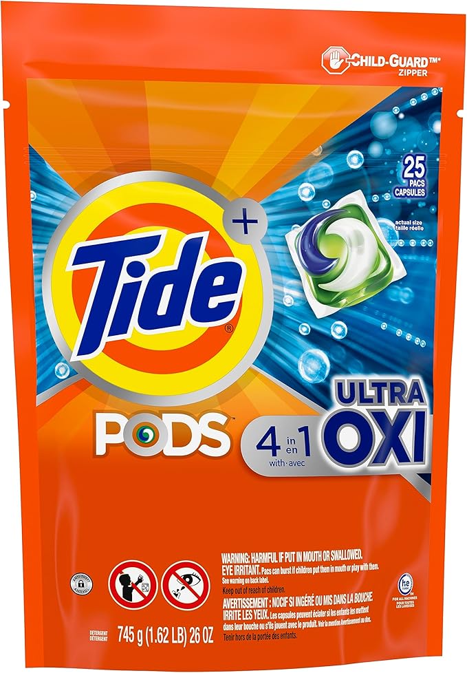 Tide PODS Liquid Laundry Detergent Soap Pacs, 4-in-1 Ultra Oxi, HE Compatible, 3 Bag Value Pack, 75 Count