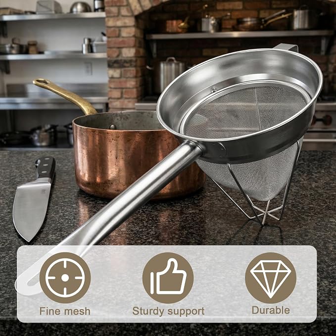 8 Inch Chinois Strainer,18/8 Stainless Steel Conical Fine Mesh Bouillon Sieve, Heavy Duty China Cap Strainers with Stand for Sauces Soups Broth Purees Jam