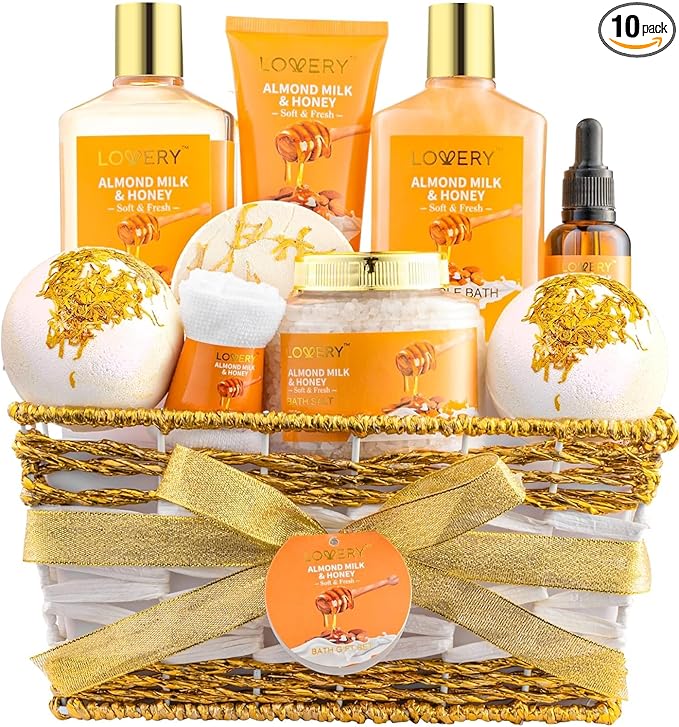 Gifts for Women Gift Basket for Women - 10 Pc Almond Milk & Honey Beauty & Personal Care Set - Home Bath Pampering Package for Relaxing - Spa Self Care Kit - Birthday, Mom, Anniversary Gift