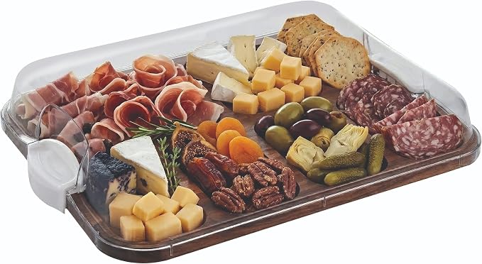 Farberware Build-A-Board Acacia Cutting Board with Compartments and Clear Locking Lid, White Handles, 11x14 Inches - Charcuterie Board, Snack Tray, Food Prep and Portable Entertaining Platter