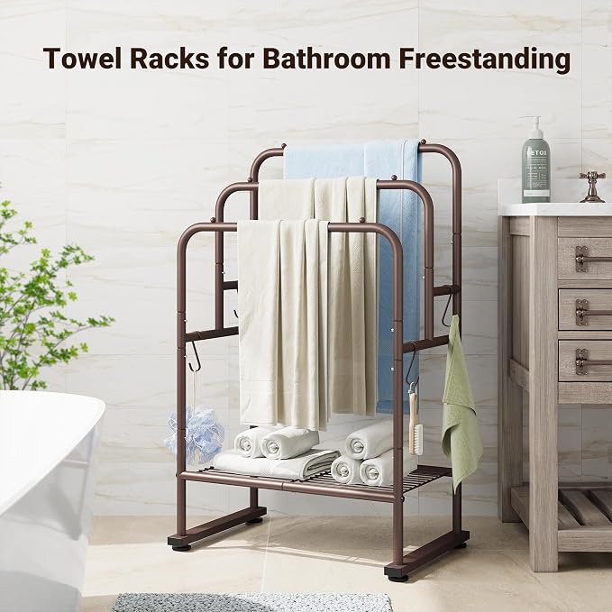 ELYKEN 40" H Freestanding Towel Rack with Shelf, 3 Tier Towel Stand, Bronze | Metal Drying Rack for Oversized Bath Towels & Blankets, 4 Hooks, Indoor & Outdoor Use, Fits Bathroom, Tub, Shower, Poolside