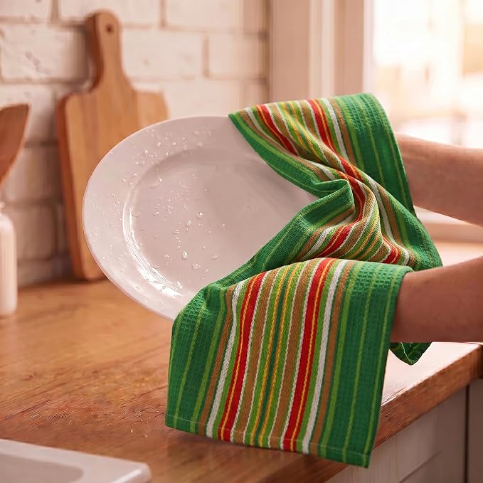 Urban Villa Kitchen Towels Waffle Stripes Dish Towels for Kitchen Leaf Green Set of 6 Kitchen Towels Highly Absorbent Cotton Over Sized 20X30 in with Mitered Corners Kitchen Hand Tea Towels