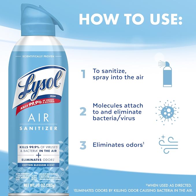 Lysol Air Sanitizer with Bacterial Odor Eliminator for Home & Office, Air Freshener Alternative, Cotton Blossom Scent, 10 oz (Pack of 3)