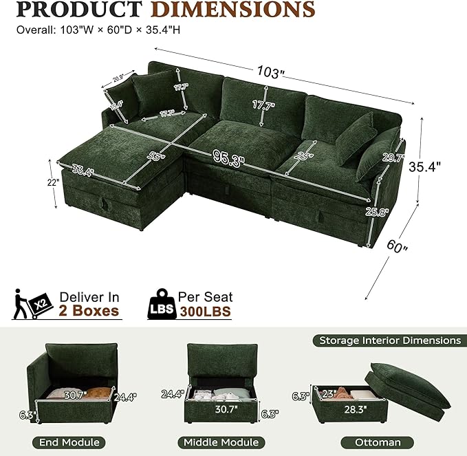 Ihanherry 103" Modular Sectional Sofa with Storage, L Shaped Cloud Couch with Movable Ottomans & 4 Pillows, Chenille Deep Seat Sectional Couches for Living Room, Apartment (Green)