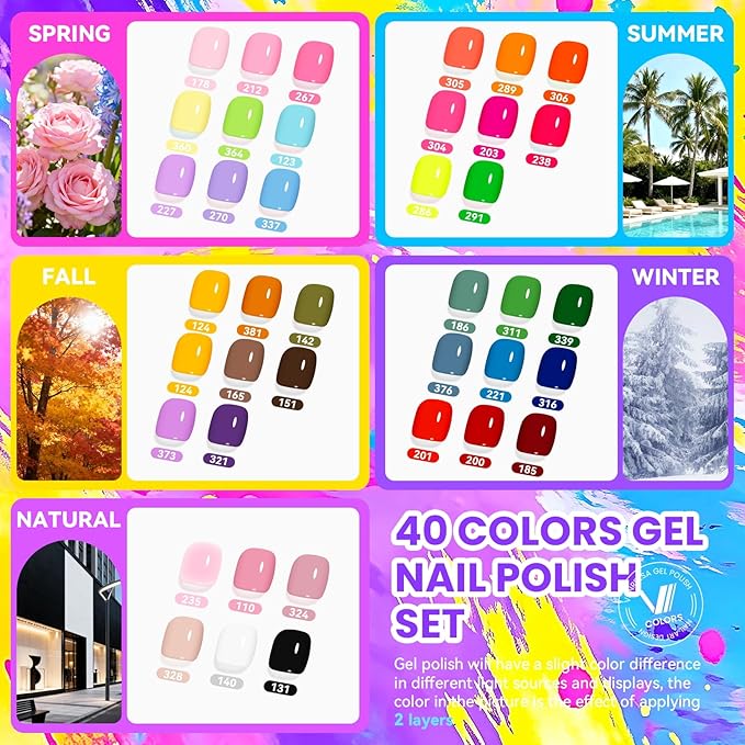VANREESA 115Pcs Gel Nail Polish Kit with U V Light Nail Drill Almond Nail Tips -40 All Seasons Colors Gel Polish Set with 5Pcs Base Top Coat Gel Nail Kit for Beginners with Everything Gifts for Women