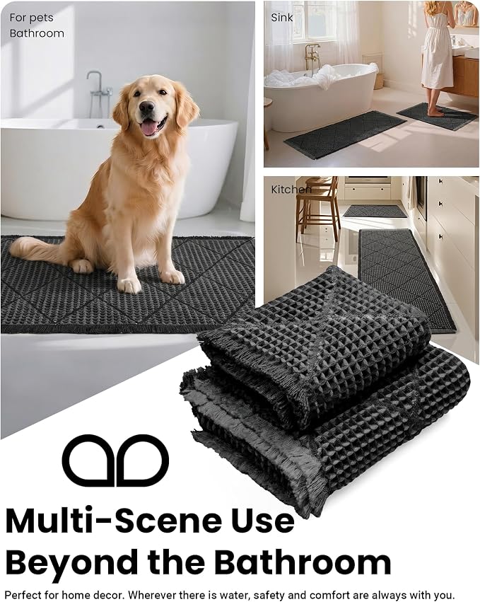 Furicher Waffle Bath Mat Set, Non Slip Bathroom Rugs Sets 2 Piece, Ultra Absorbent Long Bath Rug Runner for Bathroom Decor, Machine Washable Boho Mats, Dark Grey & Grey, 20"×47" Plus 18"×30"