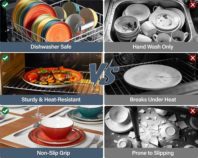 ONEMORE Plates and Bowls Set 12 Pcs,Stoneware Dinnerware Sets for 4 Microwavable,Oven & Dishwasher Safe Porcelain,Scratch Resistant Dishes Set
