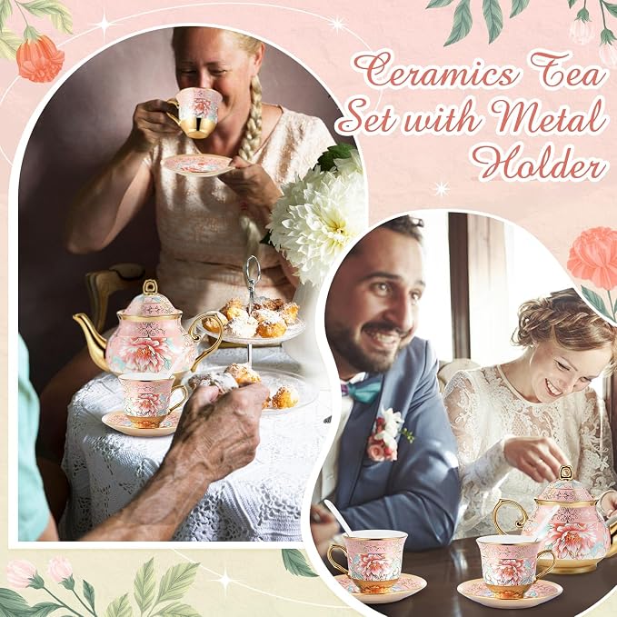 Zhehao 20 Pcs Porcelain Tea Set with Metal Holder and Spoon Adult Ceramic Tea Set European Flower Painting Teapot Cup Saucer Spoon for Women Mom Gift, Large Version (Pink Style)